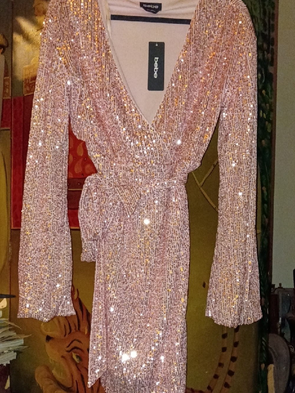 Bebe Rose Gold Sequin Dress with Tie Waist